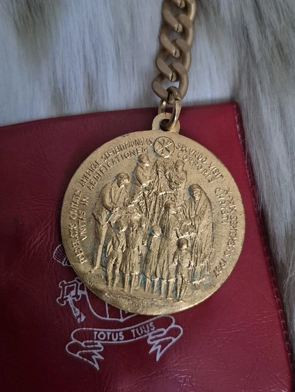 Vintage Gold-Tone Religious Medal Keychain with Red Pouch